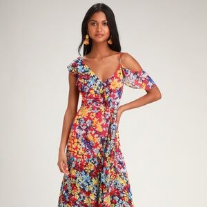 Lulus Radiant Ruby Red Floral Print Chiffon Maxi Dress - Size XL
